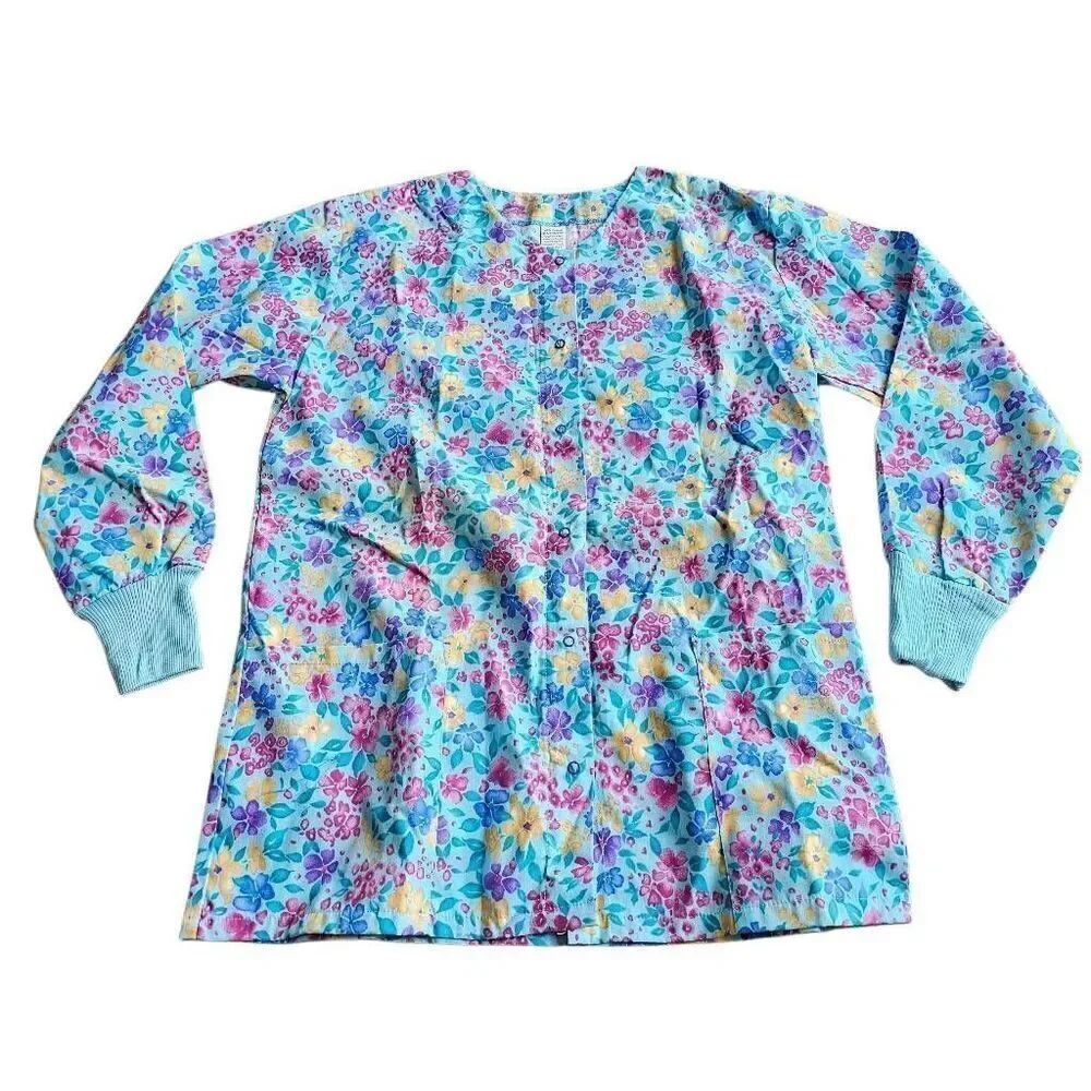 Vintage blue multicolor floral long sleeve nurse scrubs Sz S NWOT